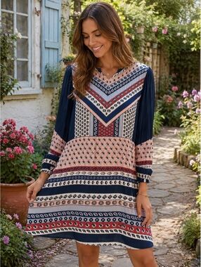 Express Boho Shift Dress Women’s L Blue Pink Long Sleeve Rayon Fall Cottagecore